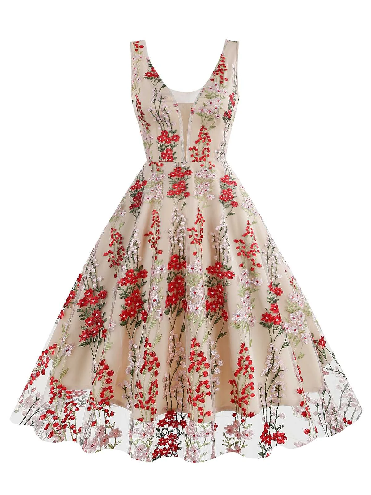 1950s Embroidered Floral V-Neck Swing Dress 1 1950s Embroidered Floral V-Neck Swing Dress