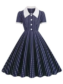 1950s Lapel Vertical Stripes Swing Dress