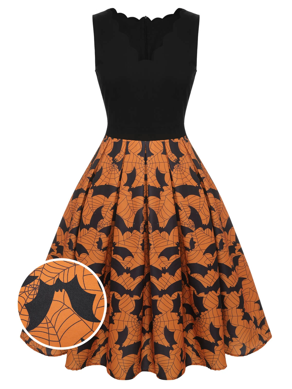 Black & Orange 1950s Halloween Bat Sleeveless Dress 1 Black & Orange 1950s Halloween Bat Sleeveless Dress