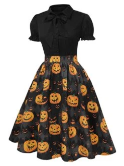1950s Halloween Pumpkin Bow Tie Dress -Candi Clothing Shop SCHL000826 2 compressed