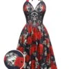 Black 1950s Sweetheart Skeleton Rose Swing Dress