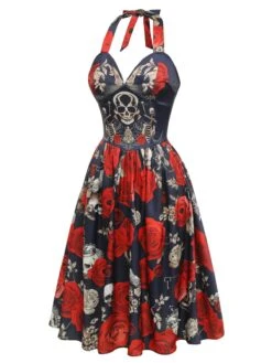 Black 1950s Sweetheart Skeleton Rose Swing Dress 9 Black 1950s Sweetheart Skeleton Rose Swing Dress -Candi Clothing Shop SCHL000859 2 compressed