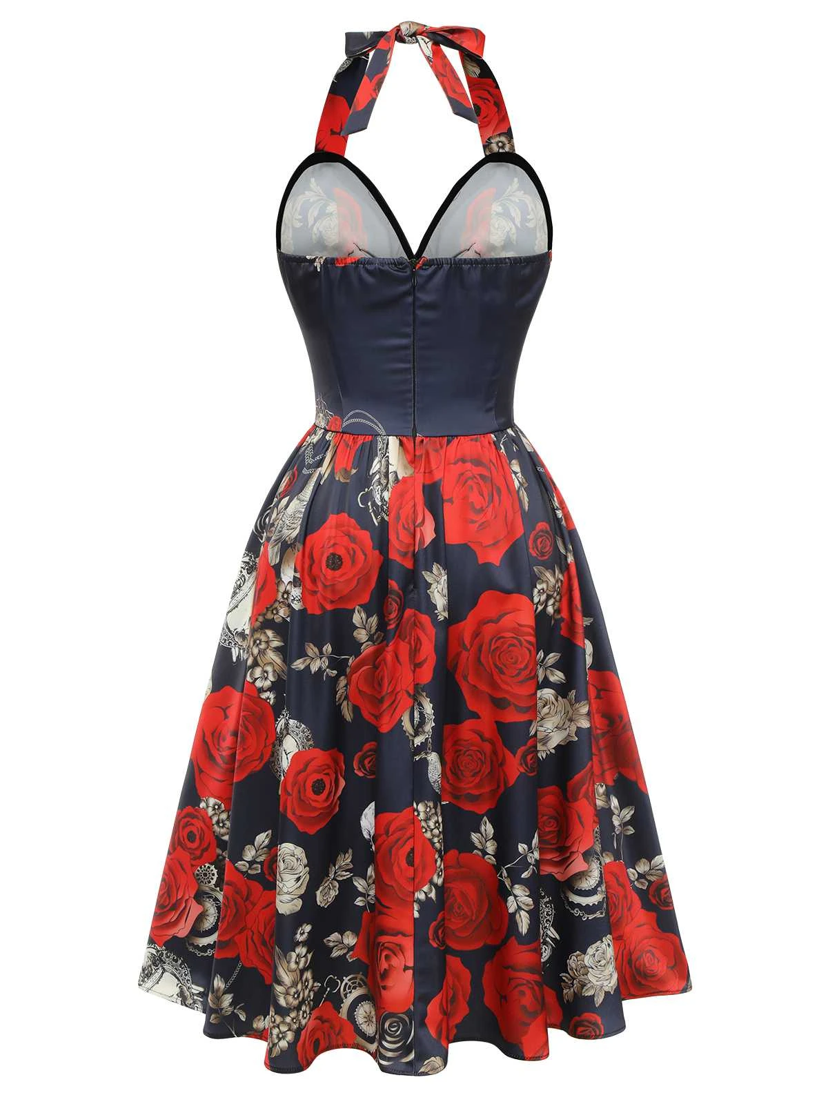 Black 1950s Sweetheart Skeleton Rose Swing Dress 4 Black 1950s Sweetheart Skeleton Rose Swing Dress - Image 4