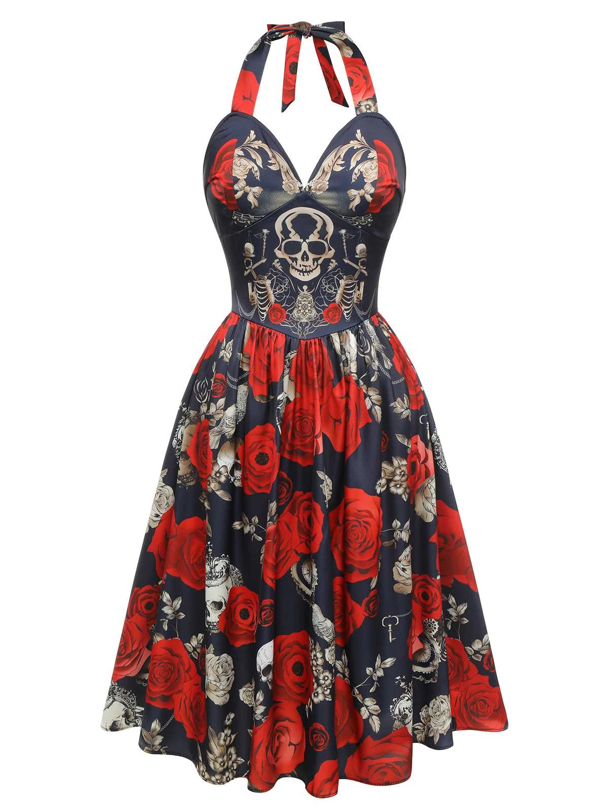 Black 1950s Sweetheart Skeleton Rose Swing Dress 2 Black 1950s Sweetheart Skeleton Rose Swing Dress - Image 2