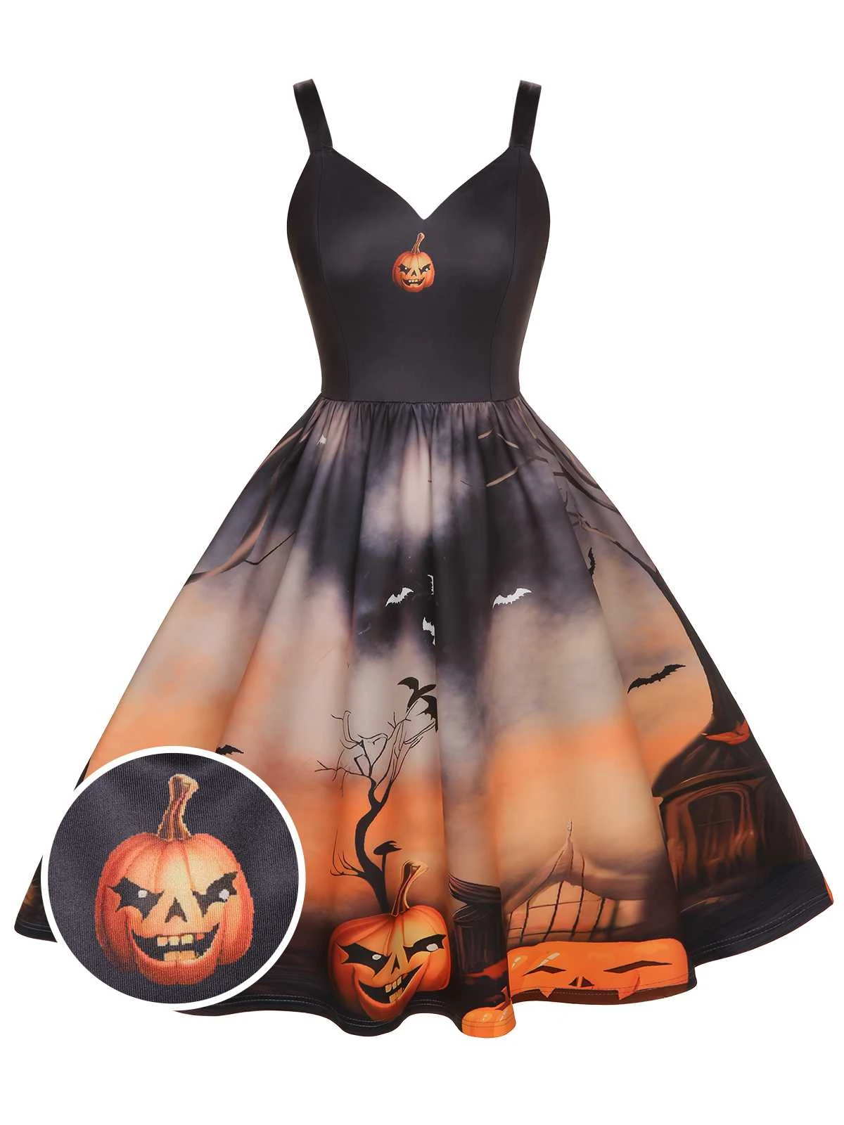 Black 1950s Halloween Pumpkin Swing Dress 1 Black 1950s Halloween Pumpkin Swing Dress