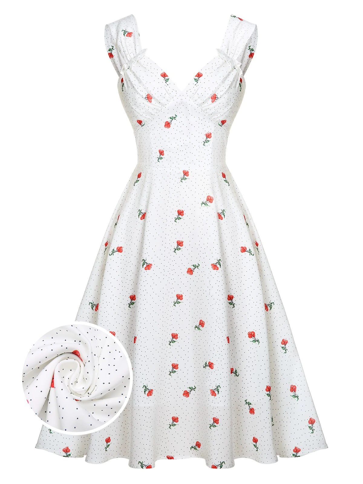 White Satin-faux Cherry Polka Dot Dress 1 White Satin-faux Cherry Polka Dot Dress
