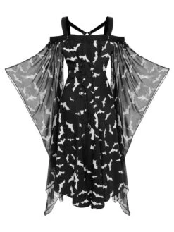 Black 1950s Halloween Spaghetti Strap Bat Dress -Candi Clothing Shop SCHL001020 3 compressed