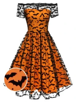 1950s Halloween Lace Off-shoulder Swing Dress