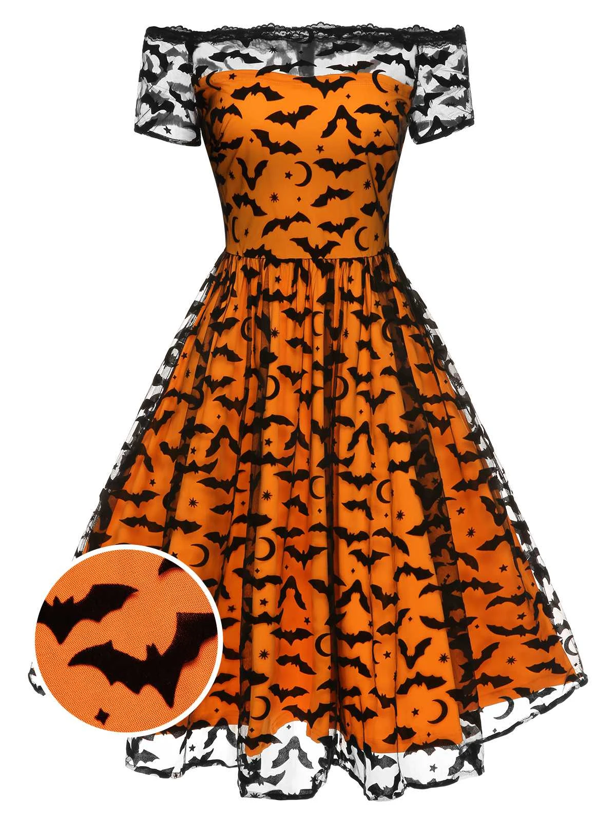 1950s Halloween Lace Off-shoulder Swing Dress 1 1950s Halloween Lace Off-shoulder Swing Dress