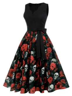 Black 1950s Halloween Skull Rose Sleeveless Dress -Candi Clothing Shop SCHL001035 2