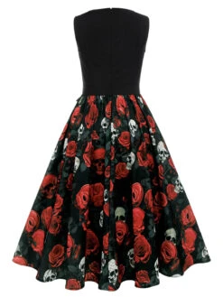 Black 1950s Halloween Skull Rose Sleeveless Dress -Candi Clothing Shop SCHL001035 3