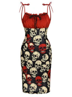 Red 1960s Halloween Skull Strap Dress -Candi Clothing Shop SCHL001036 1
