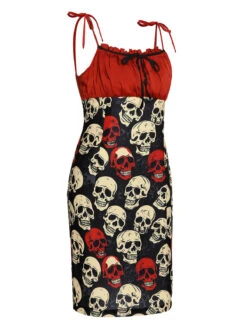 Red 1960s Halloween Skull Strap Dress -Candi Clothing Shop SCHL001036 2
