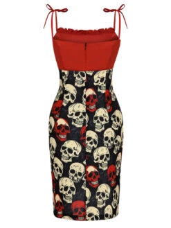 Red 1960s Halloween Skull Strap Dress -Candi Clothing Shop SCHL001036 3