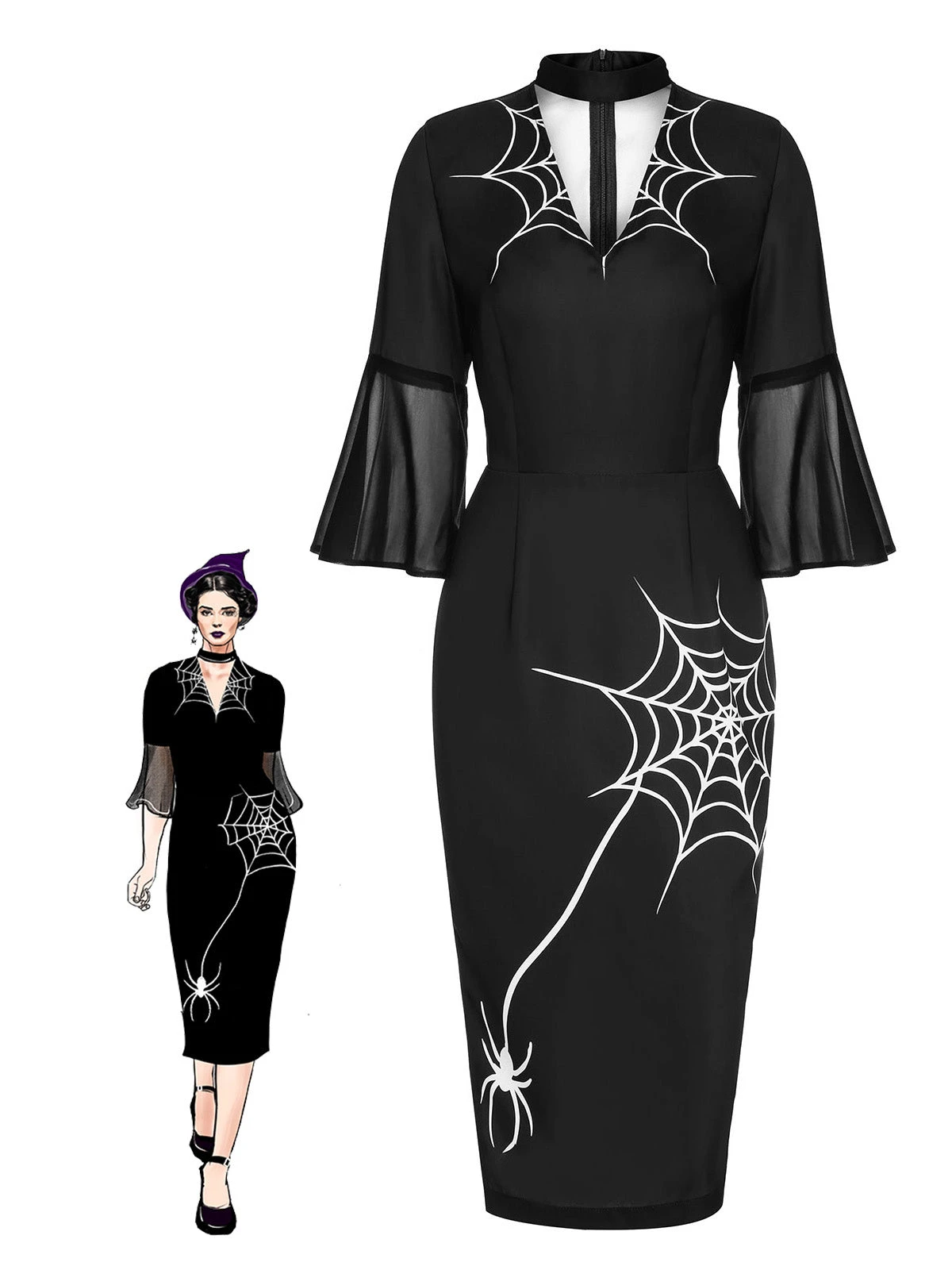 Black 1960s Halloween Spider Net Bell Pencil Dress 1 Black 1960s Halloween Spider Net Bell Pencil Dress