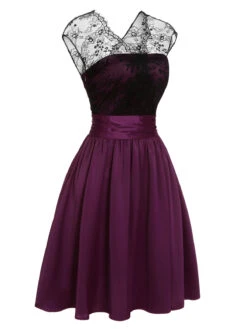 Dark Purple 1950s Lace Patchwork V-Neck Dress 9 Dark Purple 1950s Lace Patchwork V-Neck Dress -Candi Clothing Shop SCHL001840 2