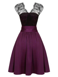 Dark Purple 1950s Lace Patchwork V-Neck Dress 10 Dark Purple 1950s Lace Patchwork V-Neck Dress -Candi Clothing Shop SCHL001840 3