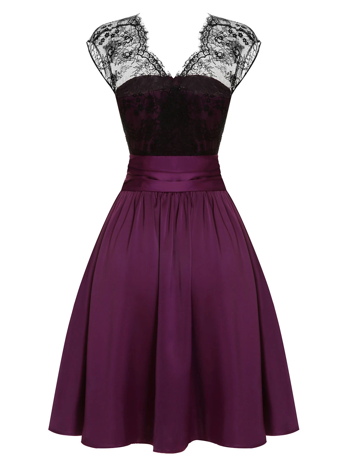 Dark Purple 1950s Lace Patchwork V-Neck Dress 4 Dark Purple 1950s Lace Patchwork V-Neck Dress - Image 4