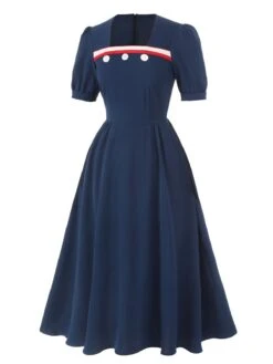 Dark Blue 1930s Square Neck Button Puff Dress -Candi Clothing Shop SCHL002068 2