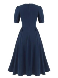 Dark Blue 1930s Square Neck Button Puff Dress -Candi Clothing Shop SCHL002068 3