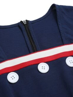 Dark Blue 1930s Square Neck Button Puff Dress -Candi Clothing Shop SCHL002068 4