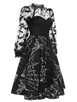 Black 1950s Halloween Bat Mesh Sleeved Dress -Candi Clothing Shop SCHL002086 2