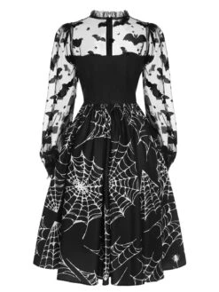 Black 1950s Halloween Bat Mesh Sleeved Dress -Candi Clothing Shop SCHL002086 3