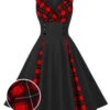 Red & Black 1950s Plaid V-Neck Dress