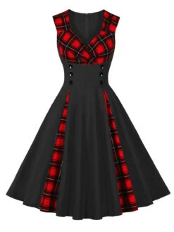 Red & Black 1950s Plaid V-Neck Dress 13 Red & Black 1950s Plaid V-Neck Dress -Candi Clothing Shop SCHL002106 B 4