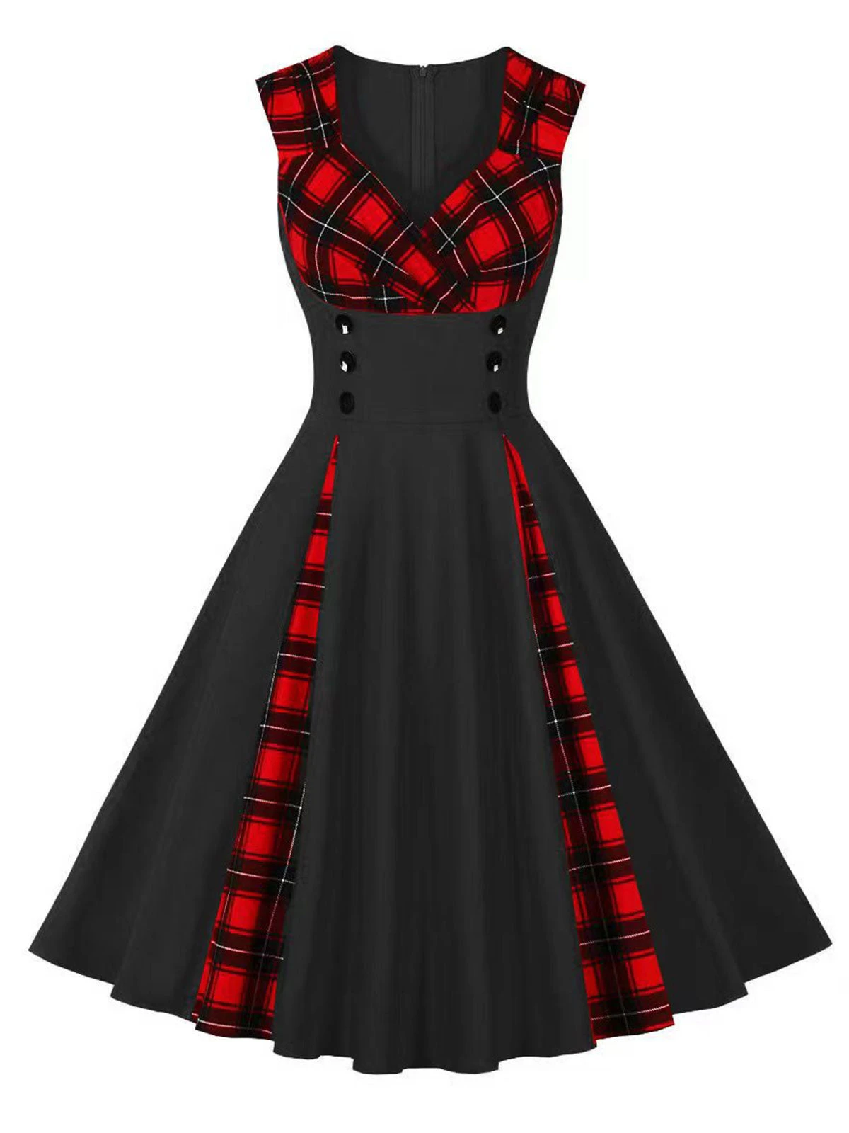 Red & Black 1950s Plaid V-Neck Dress 3 Red & Black 1950s Plaid V-Neck Dress - Image 3