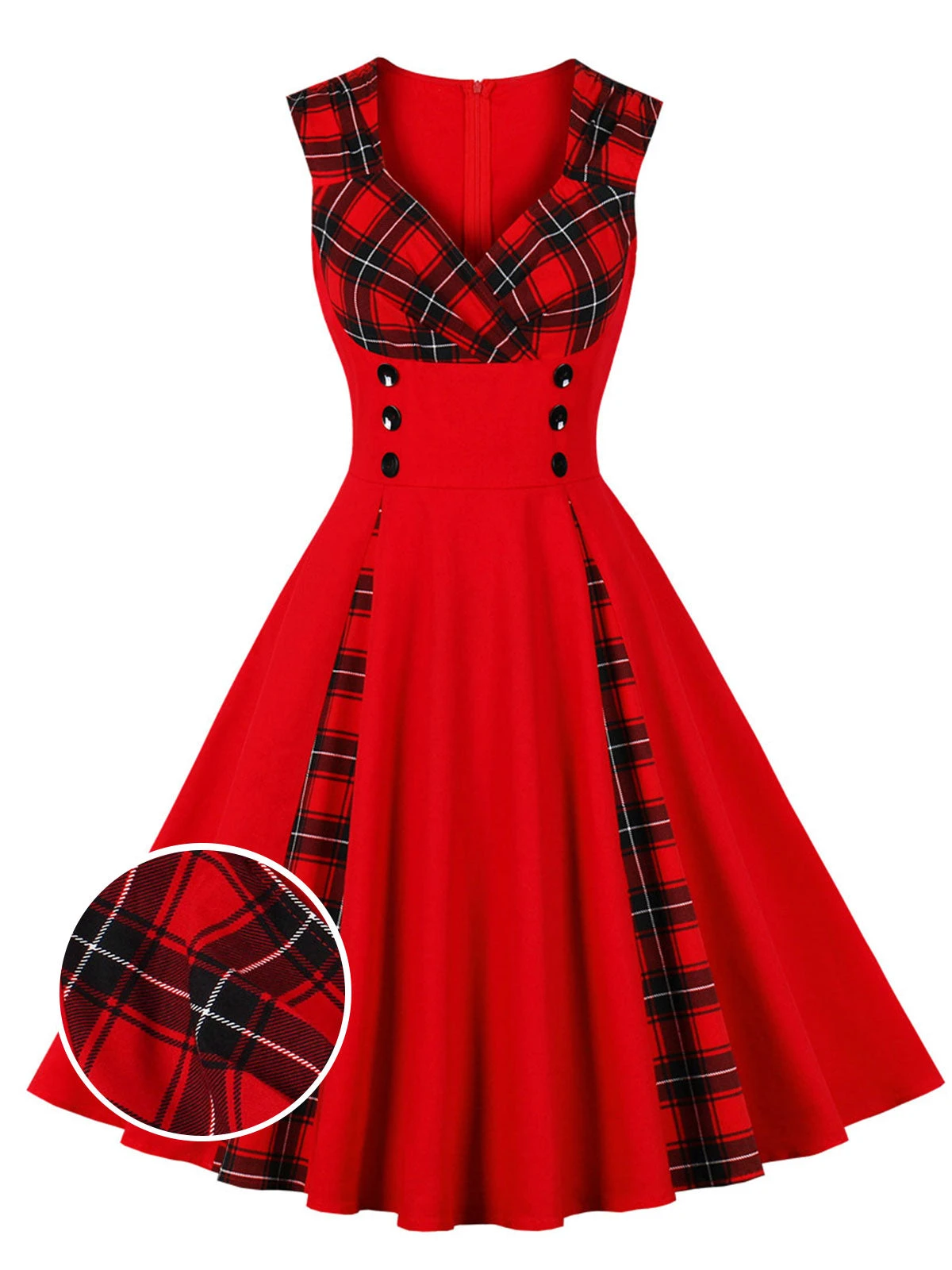 Red & Black 1950s Plaid V-Neck Dress 2 Red & Black 1950s Plaid V-Neck Dress - Image 2