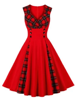 Red & Black 1950s Plaid V-Neck Dress 17 Red & Black 1950s Plaid V-Neck Dress -Candi Clothing Shop SCHL002106 R 6