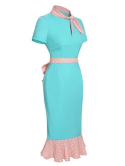 Turquoise 1930s Polka Dots Ruffles Dress -Candi Clothing Shop SCHL002186 2