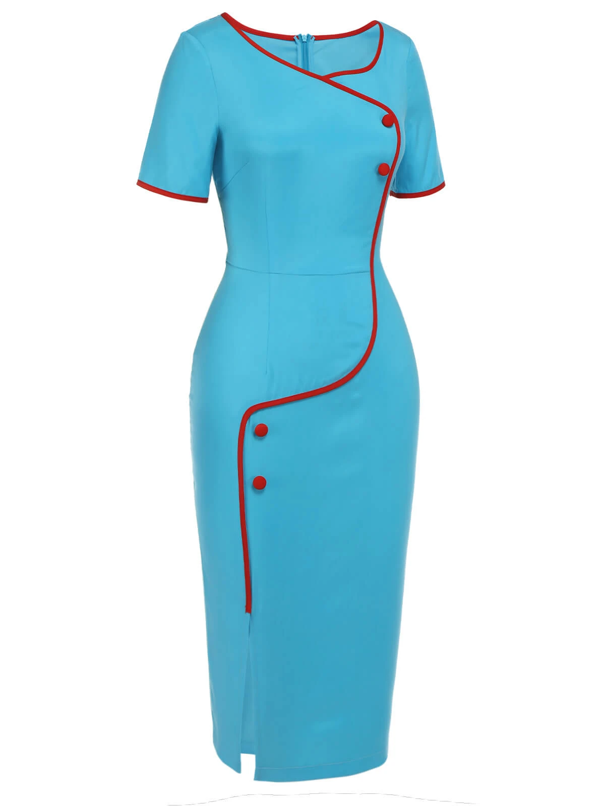 Royal Blue & Red 1960s Button Pencil Dress 3 Royal Blue & Red 1960s Button Pencil Dress - Image 3