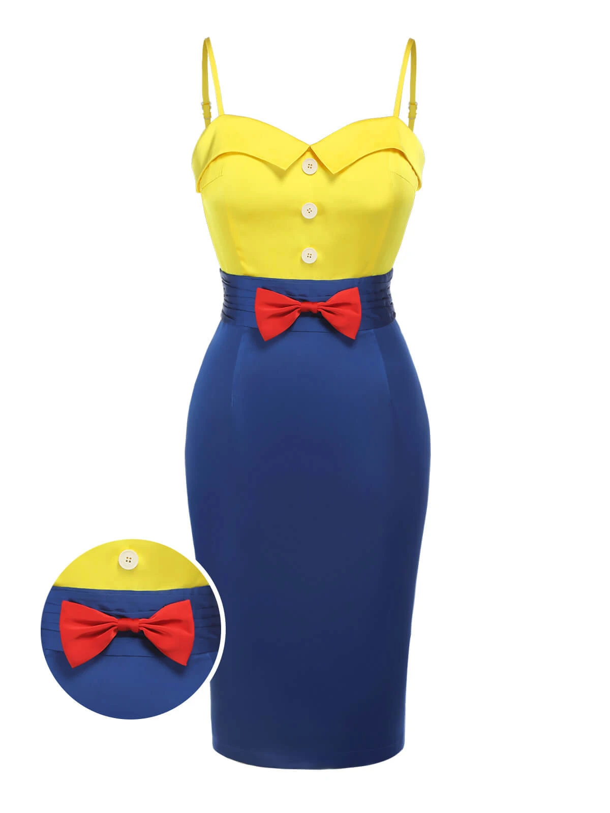 Yellow & Blue 1960s Bow Strap Pencil Dress 1 Yellow & Blue 1960s Bow Strap Pencil Dress