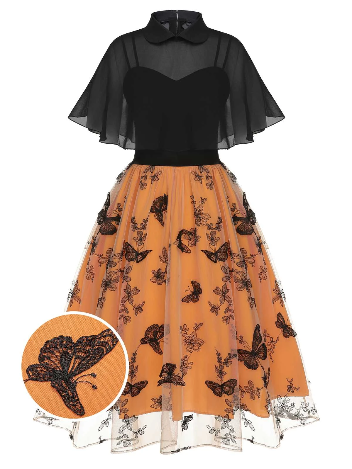 Black & Orange 1950s 3D Butterflys Cloak Dress 1 Black & Orange 1950s 3D Butterflys Cloak Dress