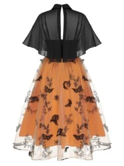 Black & Orange 1950s 3D Butterflys Cloak Dress 10 Black & Orange 1950s 3D Butterflys Cloak Dress -Candi Clothing Shop SCHL002302 3 compressed