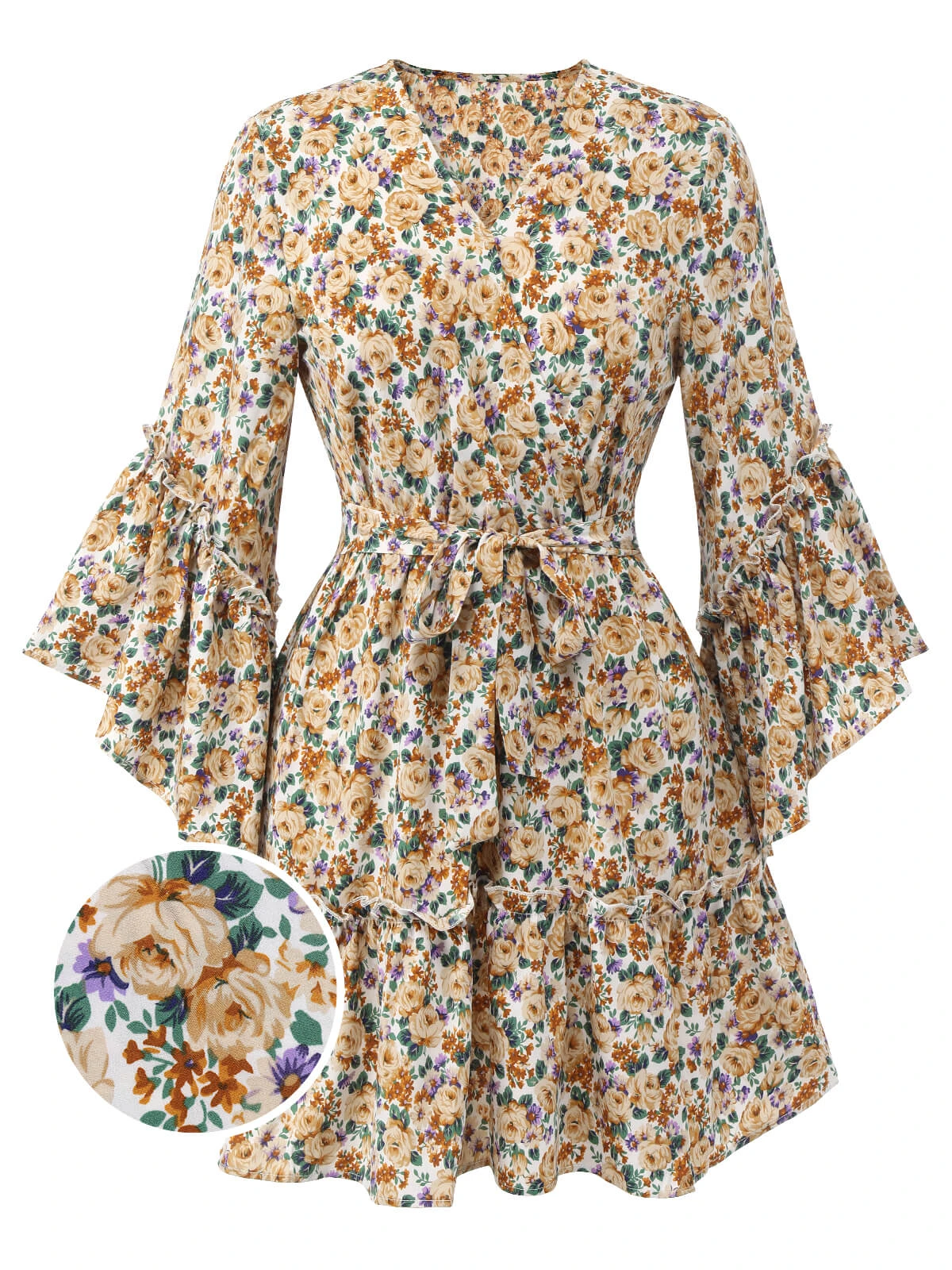 1960s Floral Flared Long Sleeve Dress With Belt 1 1960s Floral Flared Long Sleeve Dress With Belt