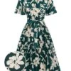 Green 1940s Floral Pleated Belt Dress
