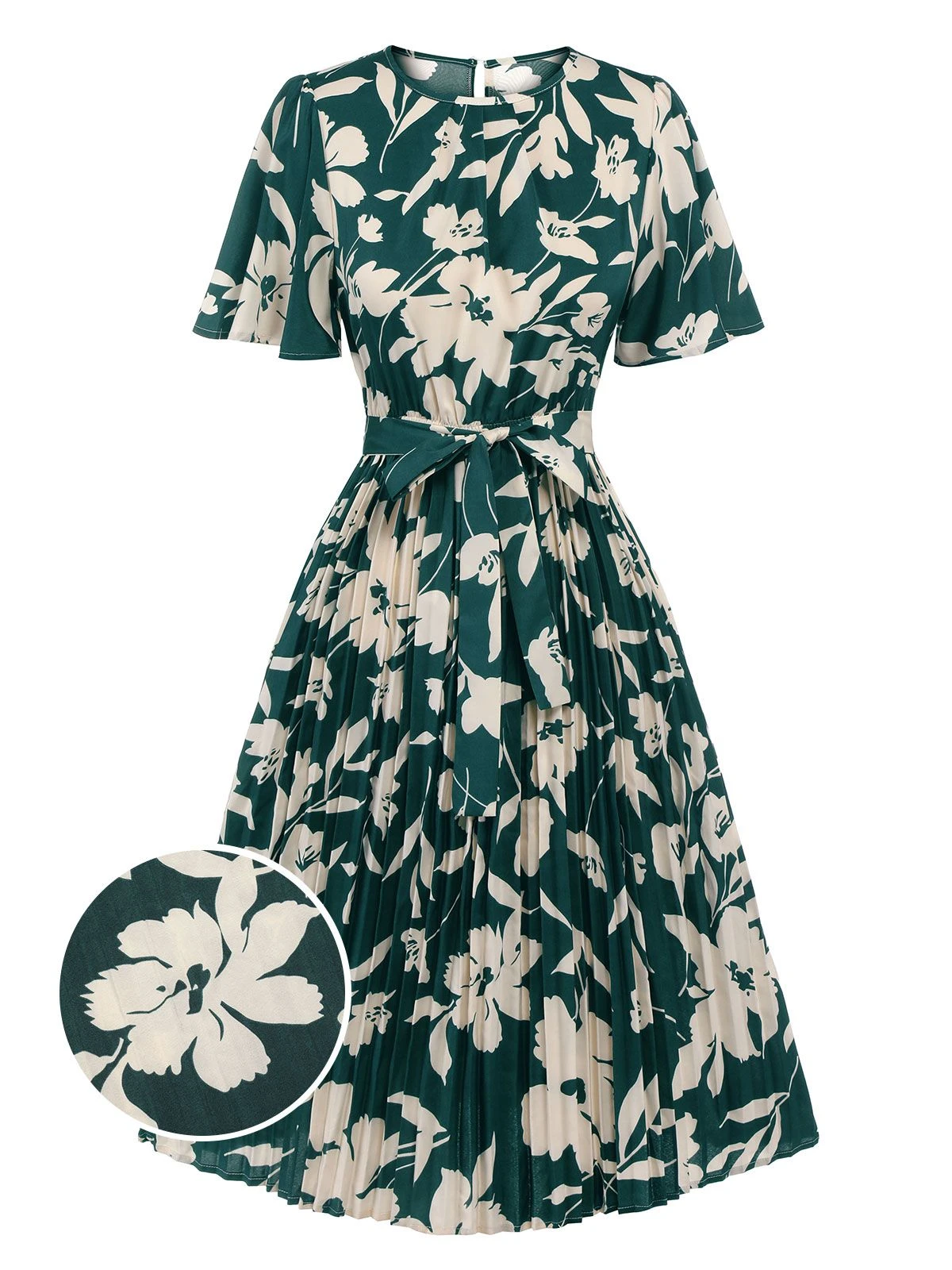 Green 1940s Floral Pleated Belt Dress 1 Green 1940s Floral Pleated Belt Dress