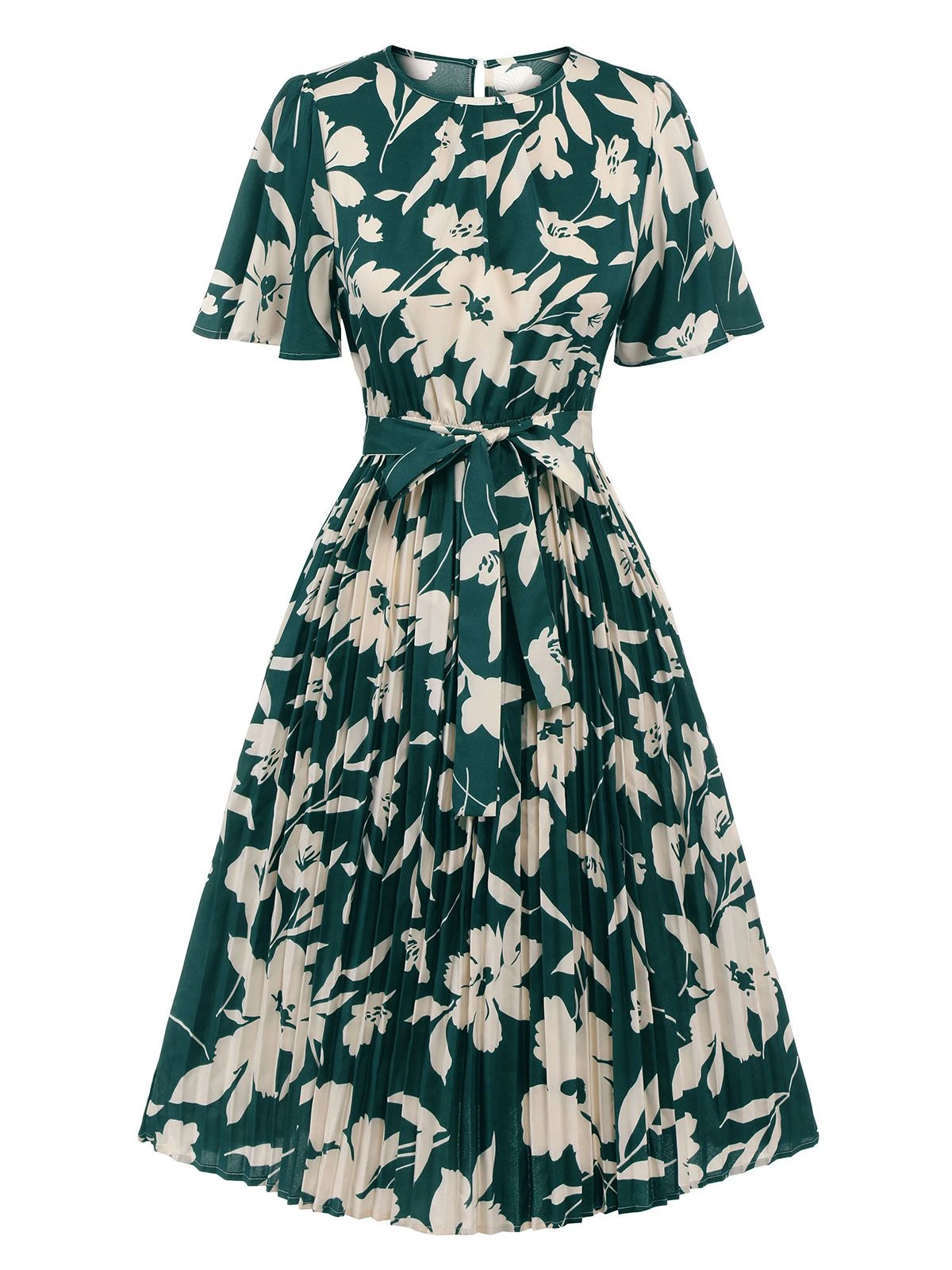 Green 1940s Floral Pleated Belt Dress 2 Green 1940s Floral Pleated Belt Dress - Image 2