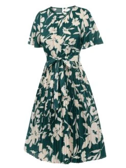 Green 1940s Floral Pleated Belt Dress 9 Green 1940s Floral Pleated Belt Dress -Candi Clothing Shop SCHL002326 2