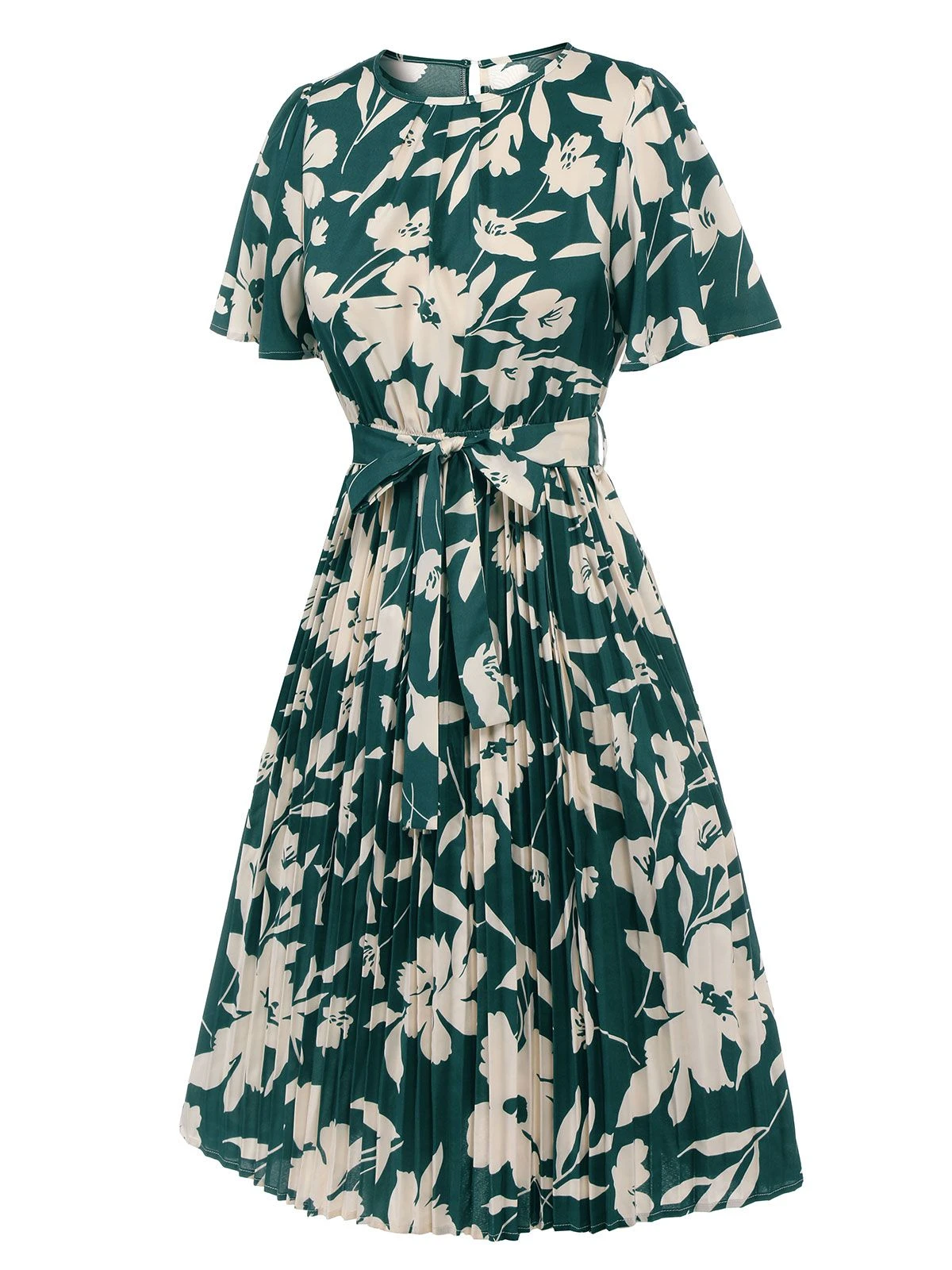 Green 1940s Floral Pleated Belt Dress 3 Green 1940s Floral Pleated Belt Dress - Image 3