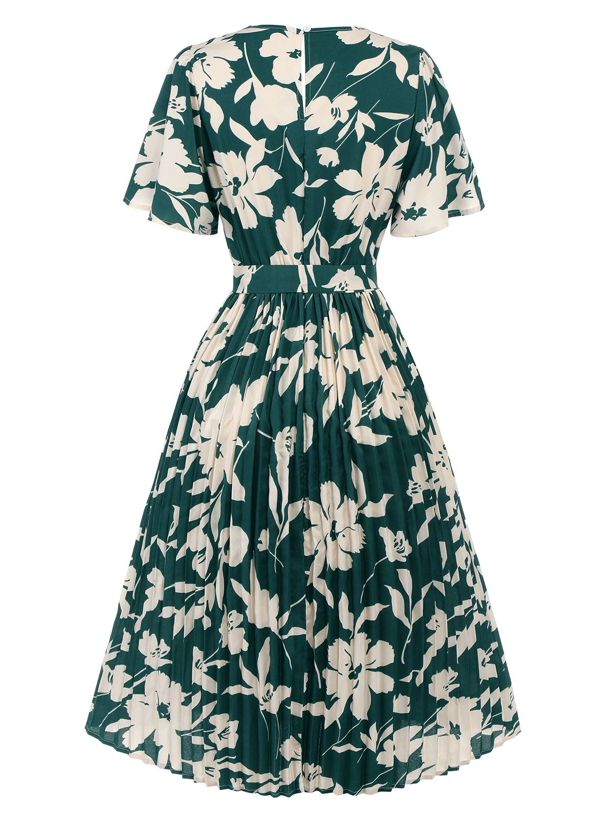 Green 1940s Floral Pleated Belt Dress 4 Green 1940s Floral Pleated Belt Dress - Image 4