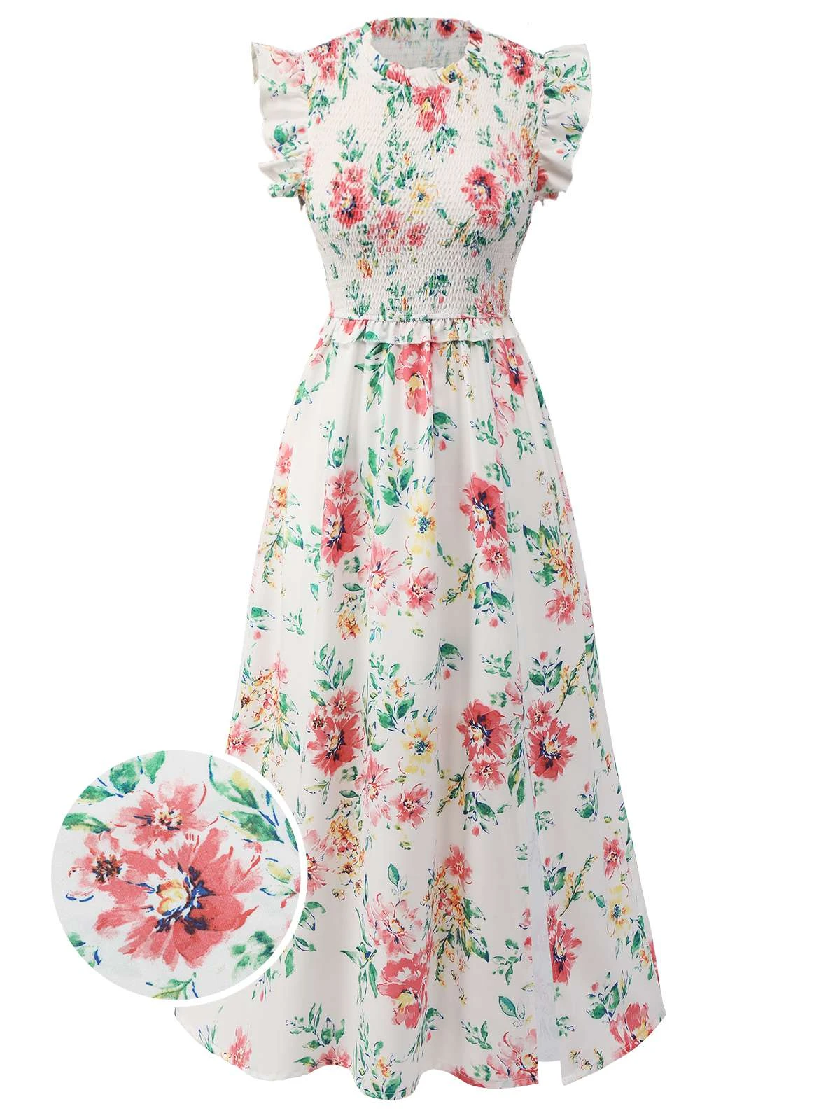 White 1940s Sleeveless Floral Ruffles Dress 1 White 1940s Sleeveless Floral Ruffles Dress