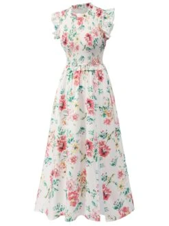 White 1940s Sleeveless Floral Ruffles Dress 9 White 1940s Sleeveless Floral Ruffles Dress -Candi Clothing Shop SCHL002330 2 compressed