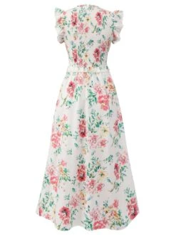 White 1940s Sleeveless Floral Ruffles Dress 10 White 1940s Sleeveless Floral Ruffles Dress -Candi Clothing Shop SCHL002330 3 compressed