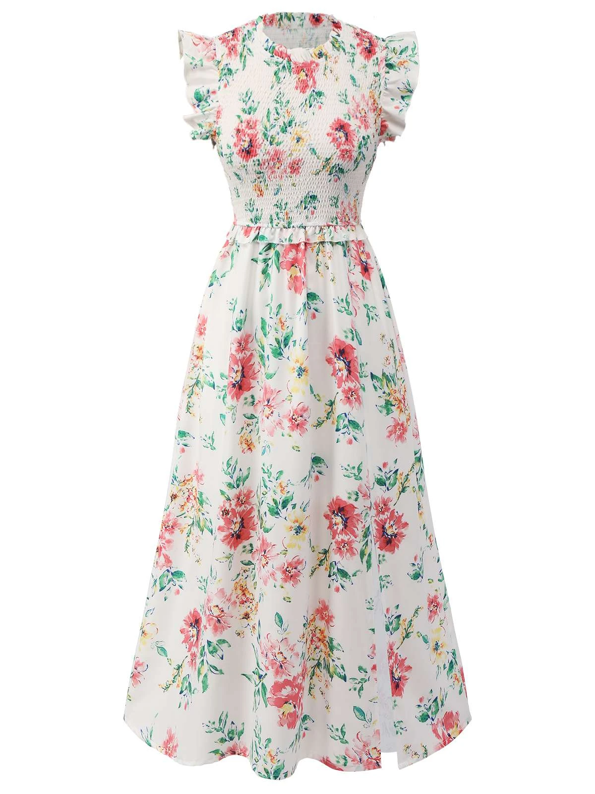 White 1940s Sleeveless Floral Ruffles Dress 2 White 1940s Sleeveless Floral Ruffles Dress - Image 2