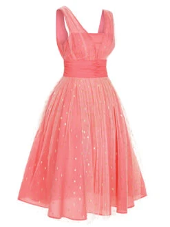 Coral Pink 1950s V-Neck Sequin Dress -Candi Clothing Shop SCHL002377 2