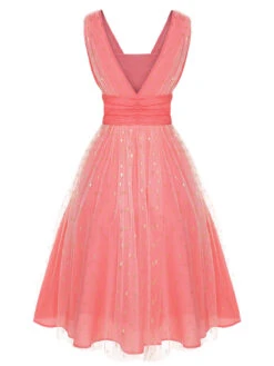 Coral Pink 1950s V-Neck Sequin Dress -Candi Clothing Shop SCHL002377 3
